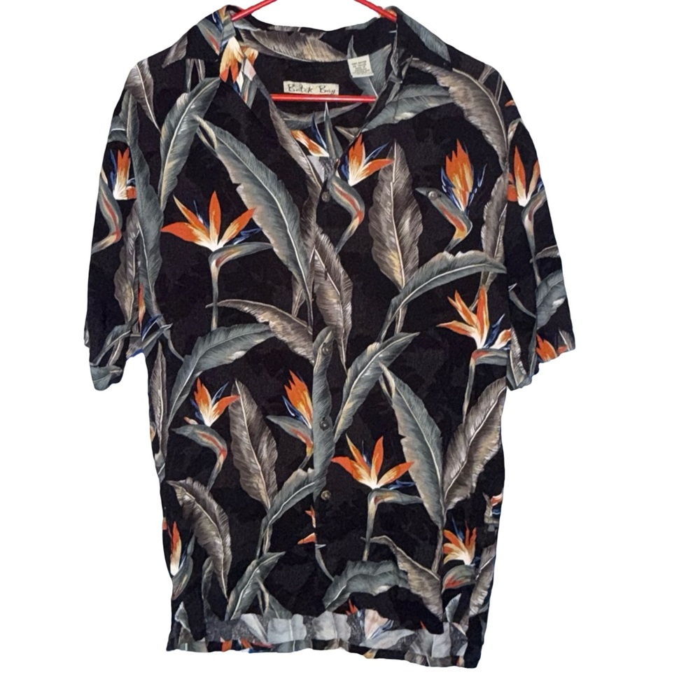 Vintage Tropical Bird of Paradise Print Black Short-Sleeve Shirt